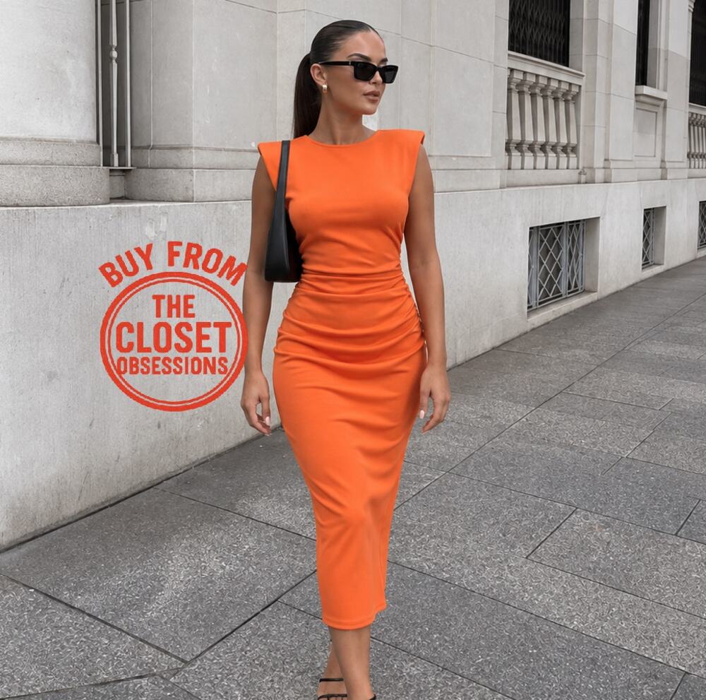 ZARA Orange Ruched Bodycon Midi Dress Open Back Blogger Fave NWT